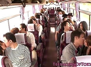 babes, adolescente, japonés, sexo-en-grupo, autobús, acción