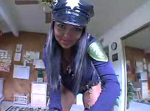 Cute brunette in police uniform blows POV dick and gets fucked hard up cumming.