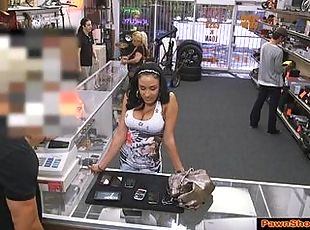 Busty Latina chick fucks at a Pawnshop