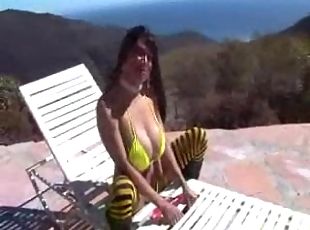 Busty tranny dildoing her asshole and jerking cock up cumming outdoor.