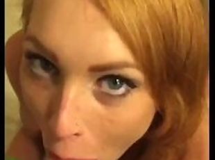 Beautiful redhead blue eyes give head in bathroom, swallow and get ...