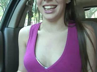 Busty brunette chick masturbates on the front seat of car