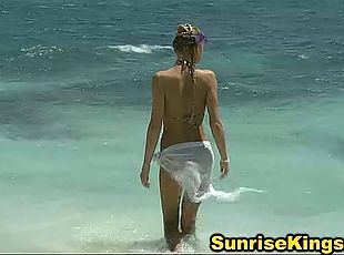 Amazing threesome beach sex with Sofia Gucci and Gilda Roberts. First they get a nice blowjob in the sea then shegets banged and covered with load ...
