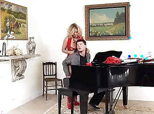 Classy granny karen in red fucks a younger pianist