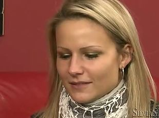 Blond haired beautiful girl strips on camera and rubs her nipples t...