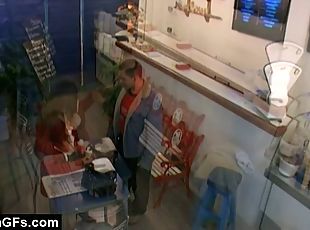 Busty babe seduces young cashier for hot fuck.