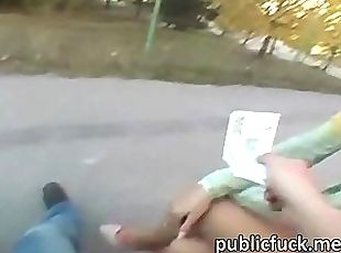 Pretty real amateur chick fucked and cum showered in public for some cash