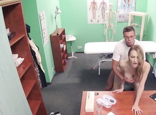 Mischievous blonde babe sucks doctor's cock and gets screwed on the...
