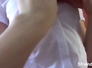 Young skinny schoolgirl in stockings with old man. Upskirt. Mouth fuck