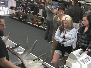 Cuties earn some money by sharing a cock in the pawnshop