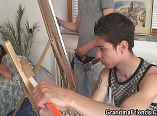 Two young painters bang nude granny